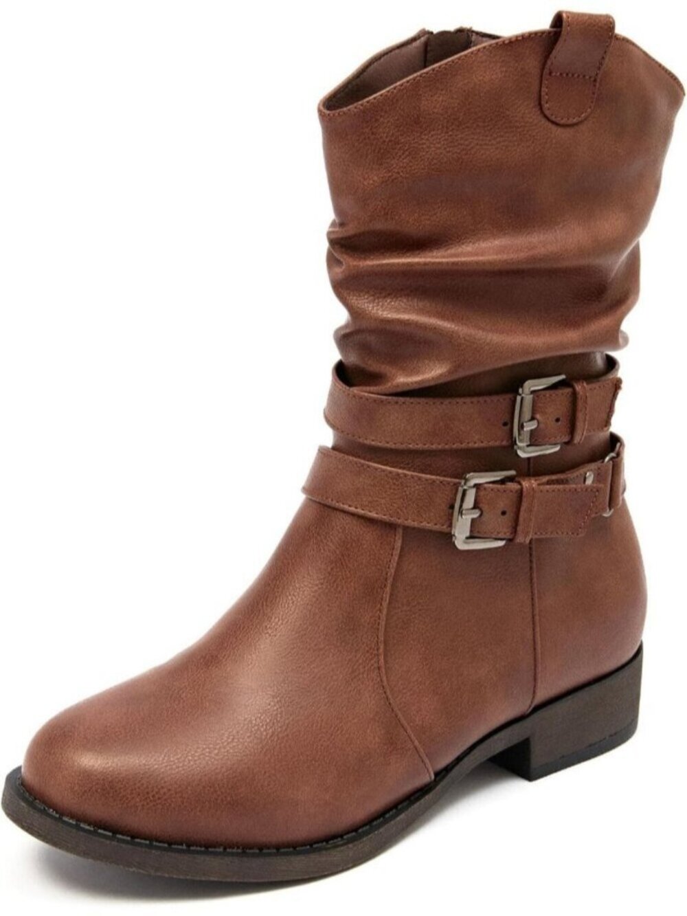 Women's Brown Mid-Calf Boots Round Toe Low Heel Zipper Booties Cowgirl Boots